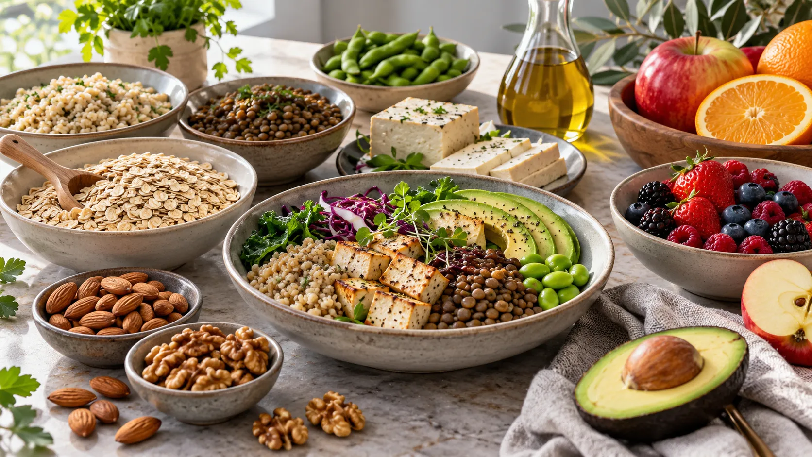 Mesa com aveia, cevada, leguminosas, tofu, frutas, oleaginosas, abacate e azeite representando os principais alimentos da Dieta Portfolio.