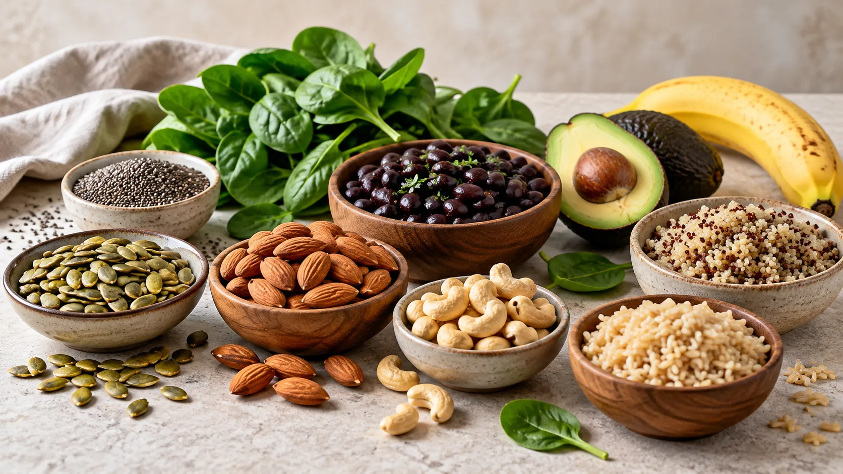 Sementes, castanhas, folhas verdes, feijão e outros alimentos naturalmente ricos em magnésio dispostos sobre uma mesa.