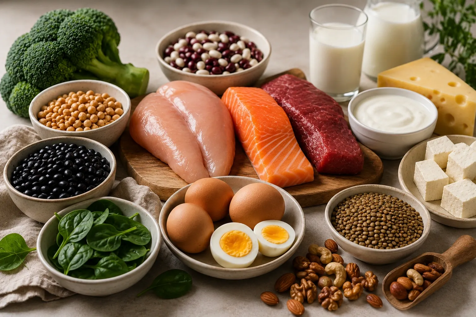 Variedade de alimentos ricos em proteína, como carnes, ovos, peixes, laticínios, leguminosas, tofu e oleaginosas.