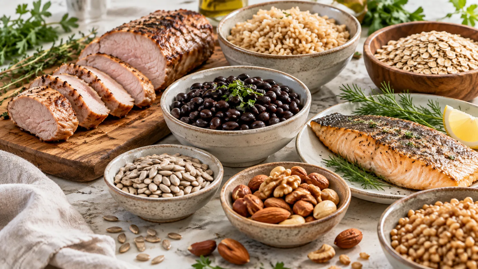 Alimentos fontes de vitamina B1 dispostos sobre uma mesa, incluindo carne suína, feijão, cereais integrais, sementes e oleaginosas.